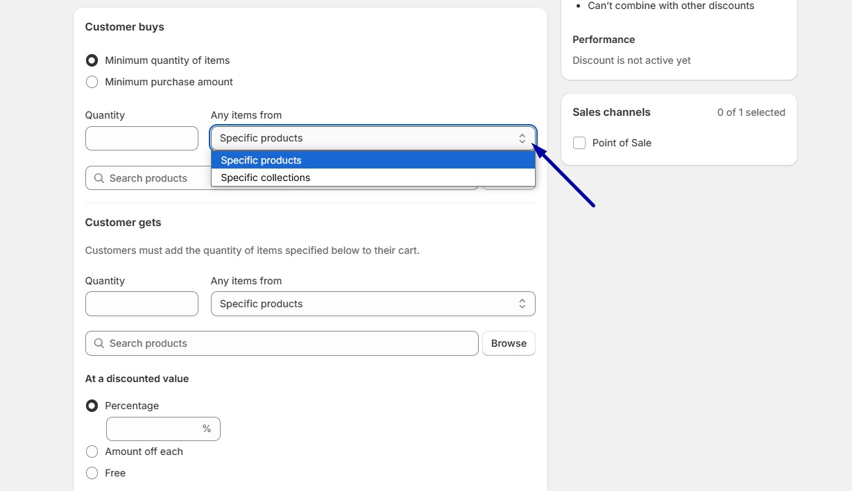 Choose whether the qualifying purchases should come from specific products or specific collections